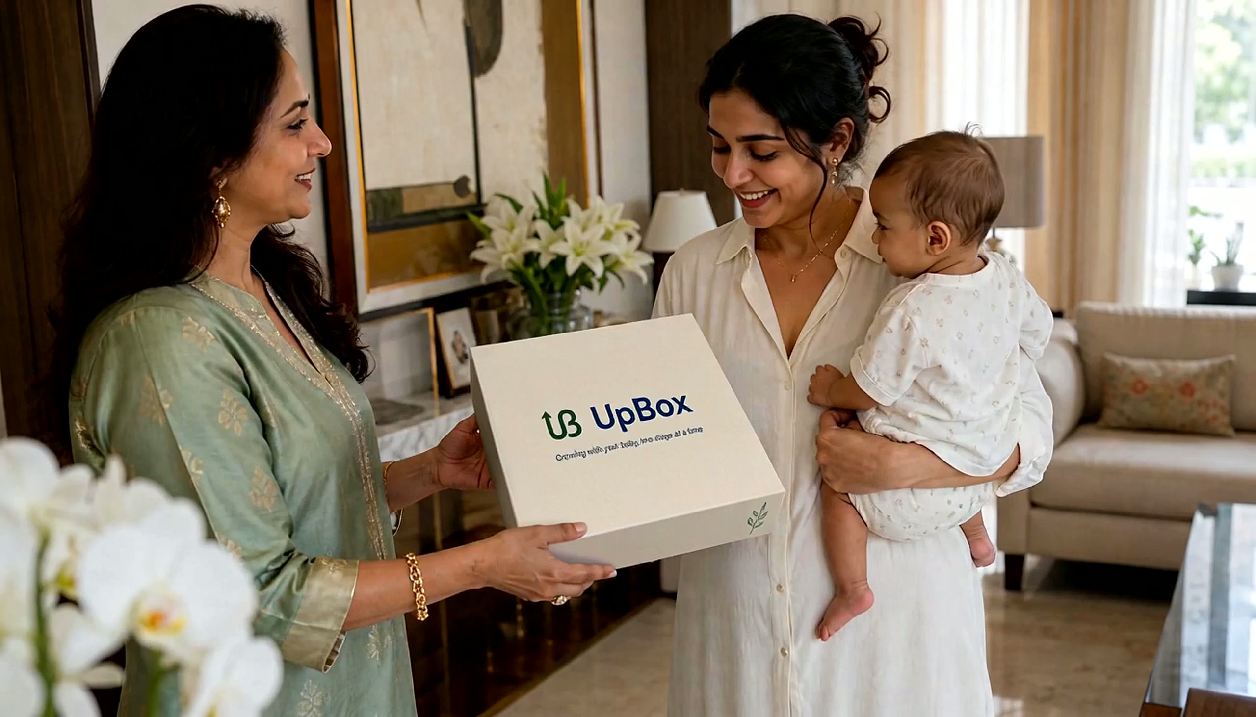 A visitor handing a branded UpBox to a mother holding her baby at home